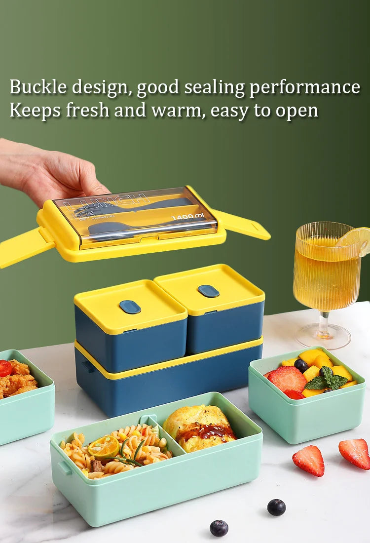 2 Layer Lunch Bento Box Food Container With Cutlery Set Student, Portable Leakproof Microwavable For Office Work School