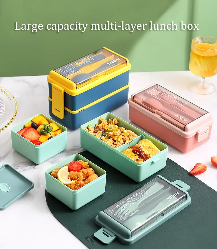 2 Layer Lunch Bento Box Food Container With Cutlery Set Student, Portable Leakproof Microwavable For Office Work School