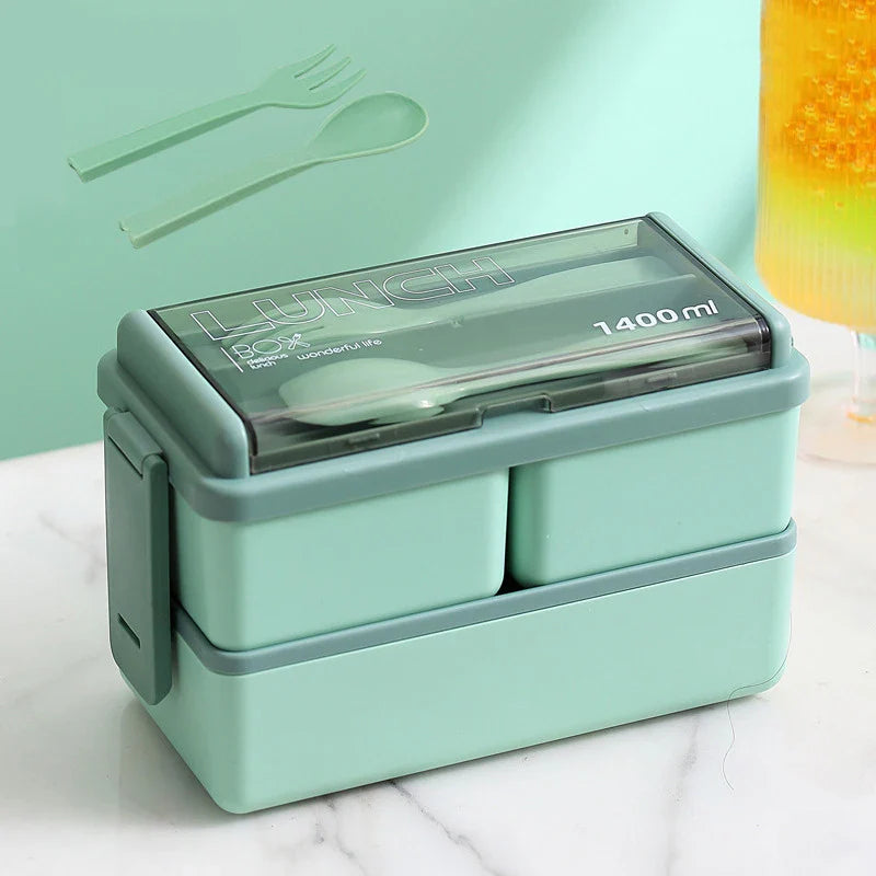 2 Layer Lunch Bento Box Food Container With Cutlery Set Student, Portable Leakproof Microwavable For Office Work School