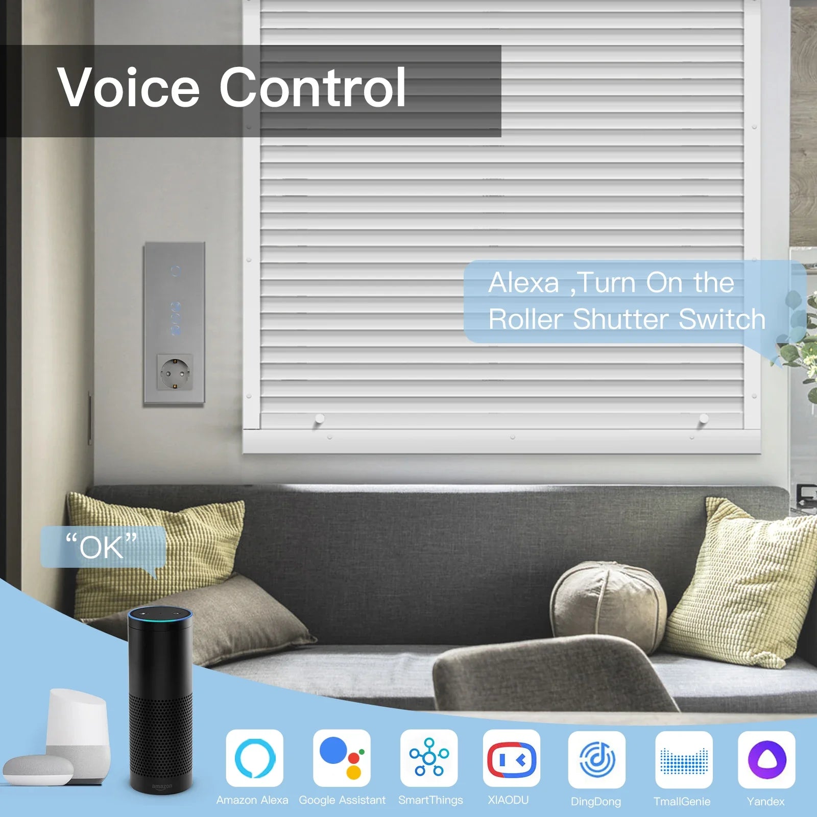 BSEED Wifi Roller Shutter Switch Smart Blind Switch with Touch Light Switch EU Socket Type-c USB  Tuya Smart Life Alexa Control