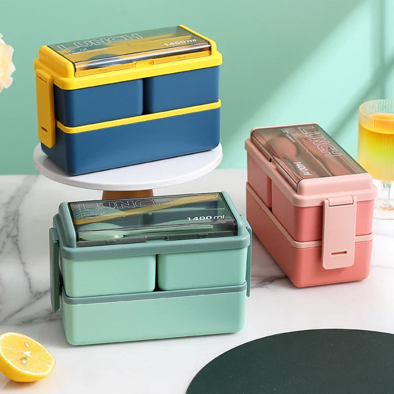 2 Layer Lunch Bento Box Food Container With Cutlery Set Student, Portable Leakproof Microwavable For Office Work School