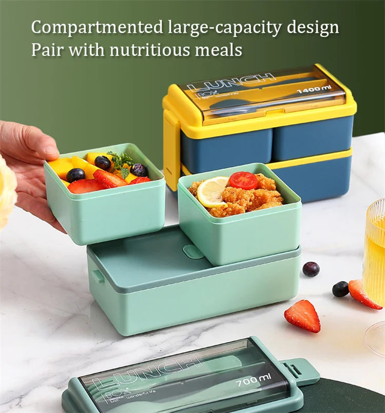 2 Layer Lunch Bento Box Food Container With Cutlery Set Student, Portable Leakproof Microwavable For Office Work School