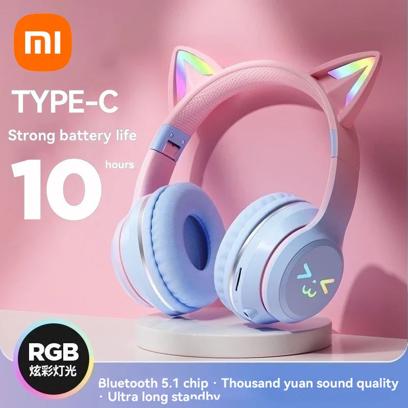 Xiaomi New wireless Headphones RGB cute cat ear Bluetooth Earphones with microphone Stereo Music Game Earphone Girls Kids Gifts