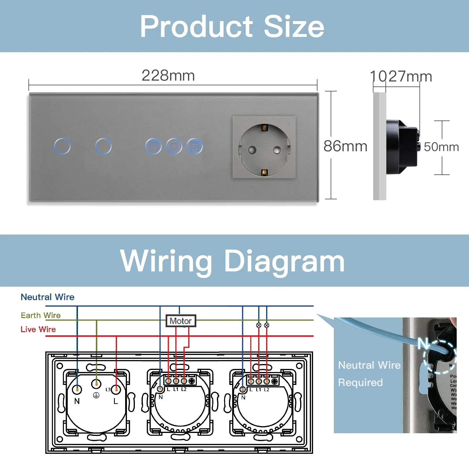 BSEED Wifi Roller Shutter Switch Smart Blind Switch with Touch Light Switch EU Socket Type-c USB  Tuya Smart Life Alexa Control