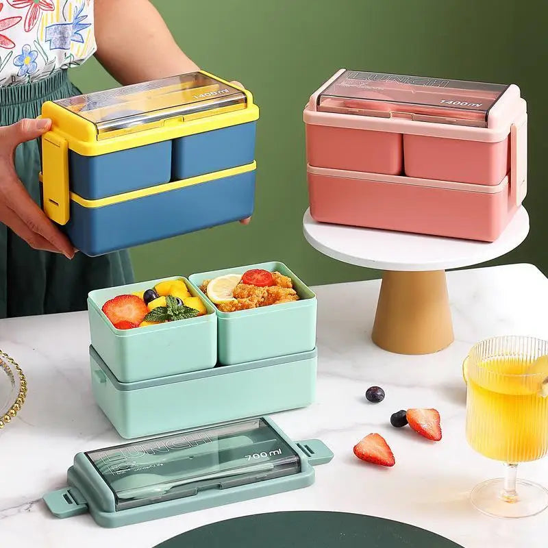 2 Layer Lunch Bento Box Food Container With Cutlery Set Student, Portable Leakproof Microwavable For Office Work School