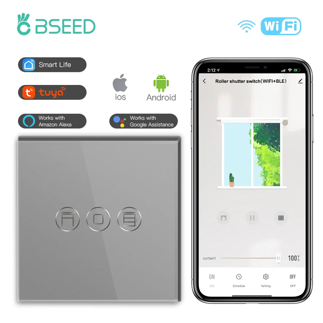 BSEED Wifi Roller Shutter Switch Smart Blind Switch with Touch Light Switch EU Socket Type-c USB  Tuya Smart Life Alexa Control