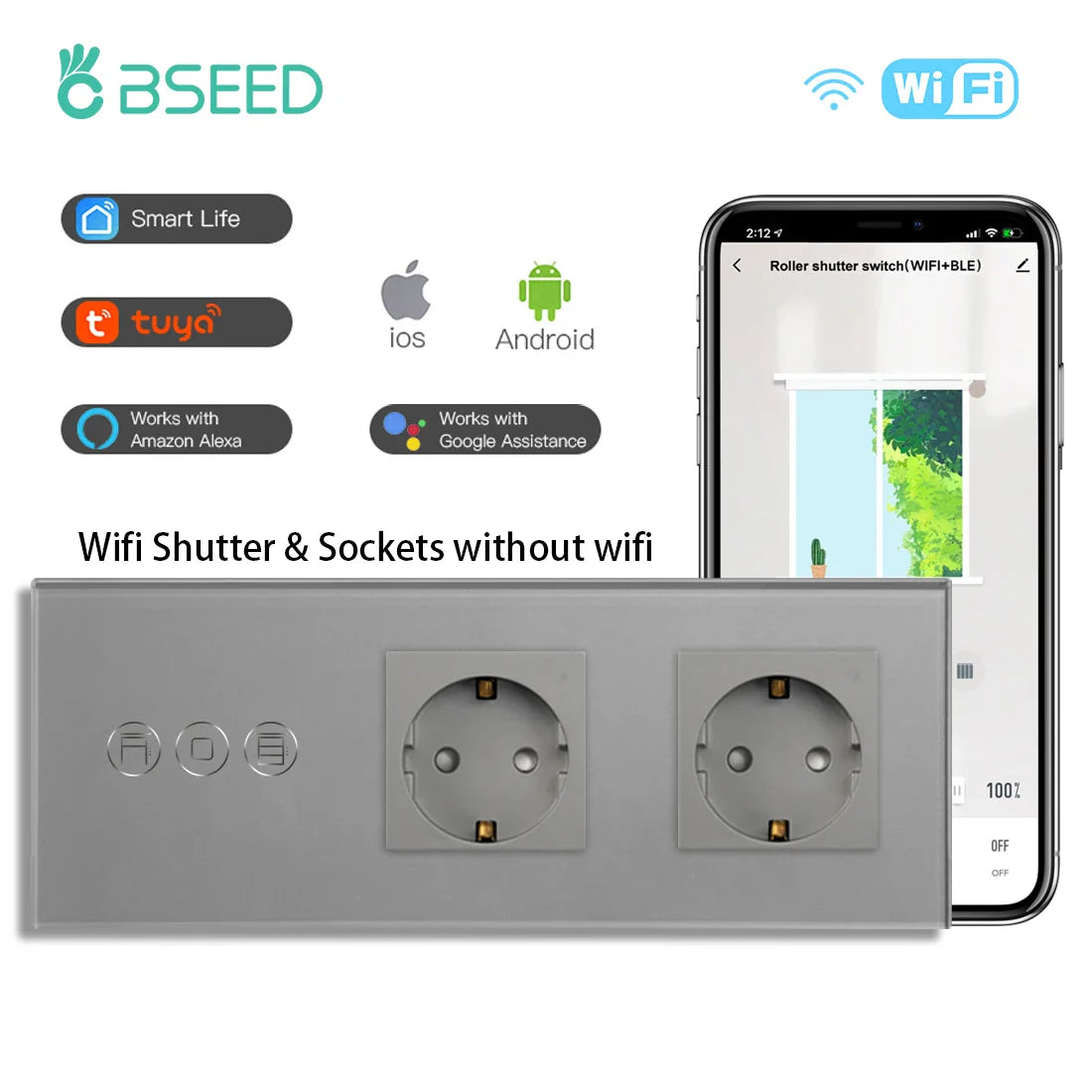 BSEED Wifi Roller Shutter Switch Smart Blind Switch with Touch Light Switch EU Socket Type-c USB  Tuya Smart Life Alexa Control