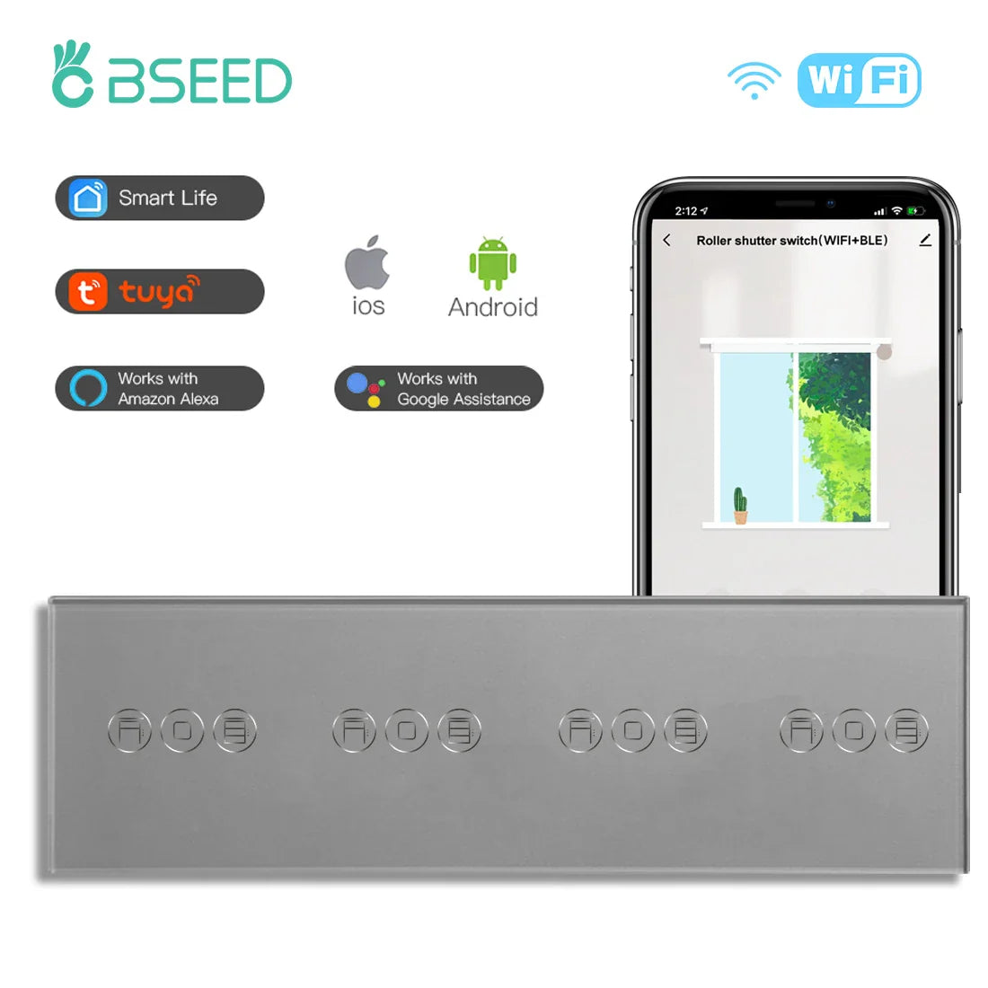 BSEED Wifi Roller Shutter Switch Smart Blind Switch with Touch Light Switch EU Socket Type-c USB  Tuya Smart Life Alexa Control