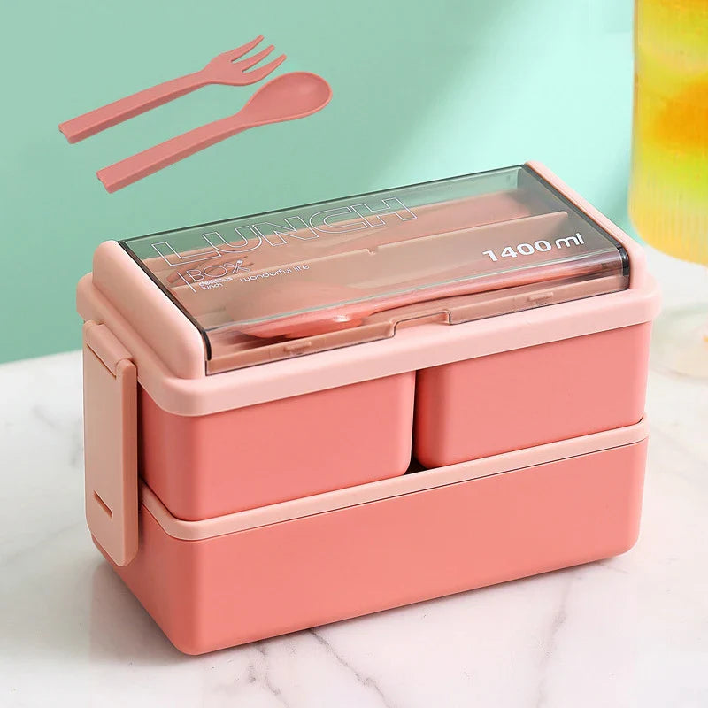 2 Layer Lunch Bento Box Food Container With Cutlery Set Student, Portable Leakproof Microwavable For Office Work School