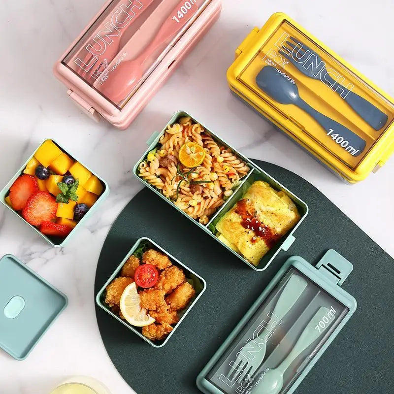 2 Layer Lunch Bento Box Food Container With Cutlery Set Student, Portable Leakproof Microwavable For Office Work School