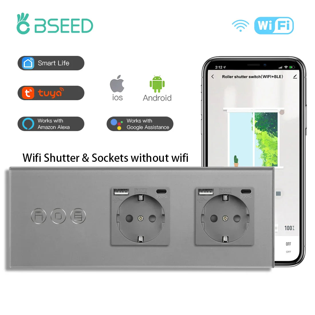 BSEED Wifi Roller Shutter Switch Smart Blind Switch with Touch Light Switch EU Socket Type-c USB  Tuya Smart Life Alexa Control