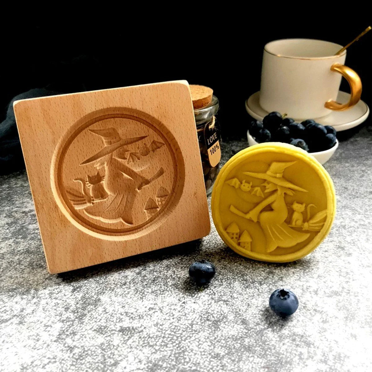 Wooden Cookie Molds for Halloween, 3D Carved Embossed Gingerbread Mould for Baking, Pumpkin Skull Ghost Witch Jack O 'Lantern