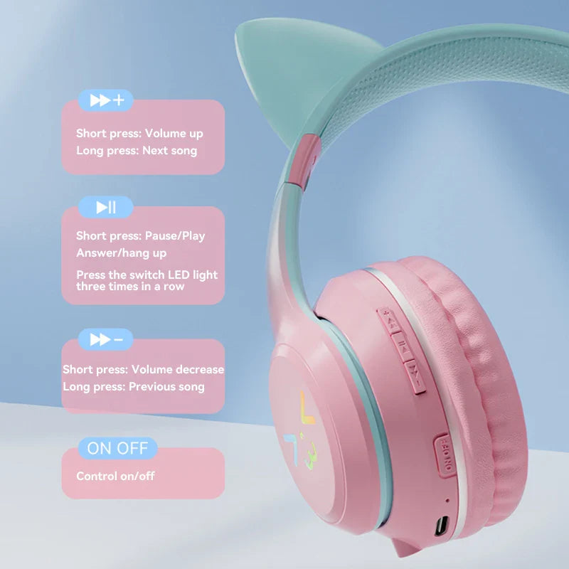 Xiaomi New wireless Headphones RGB cute cat ear Bluetooth Earphones with microphone Stereo Music Game Earphone Girls Kids Gifts