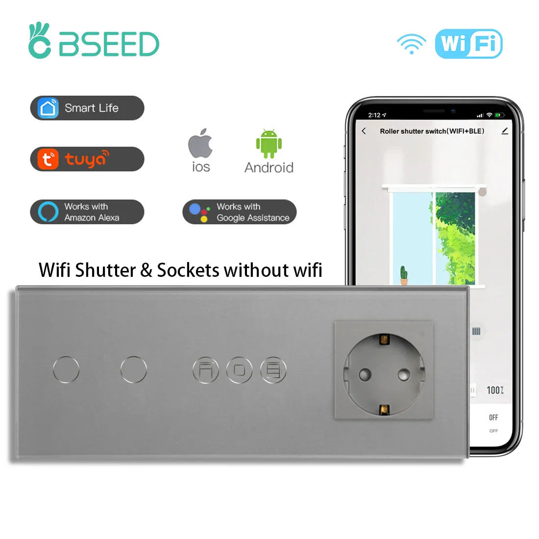 BSEED Wifi Roller Shutter Switch Smart Blind Switch with Touch Light Switch EU Socket Type-c USB  Tuya Smart Life Alexa Control