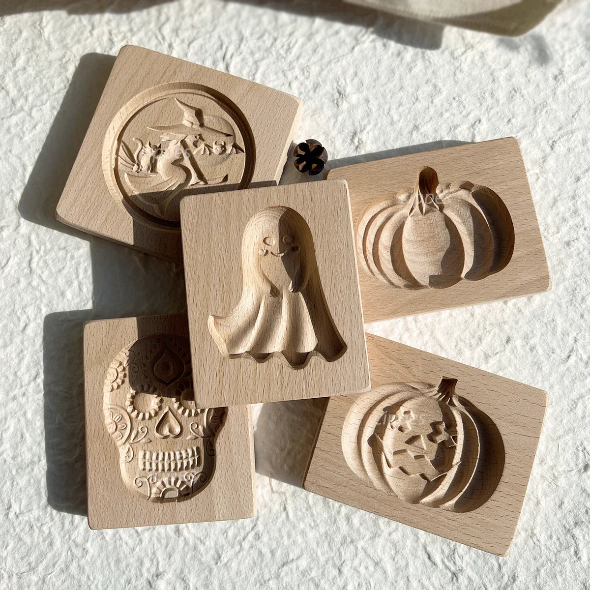 Wooden Cookie Molds for Halloween, 3D Carved Embossed Gingerbread Mould for Baking, Pumpkin Skull Ghost Witch Jack O 'Lantern