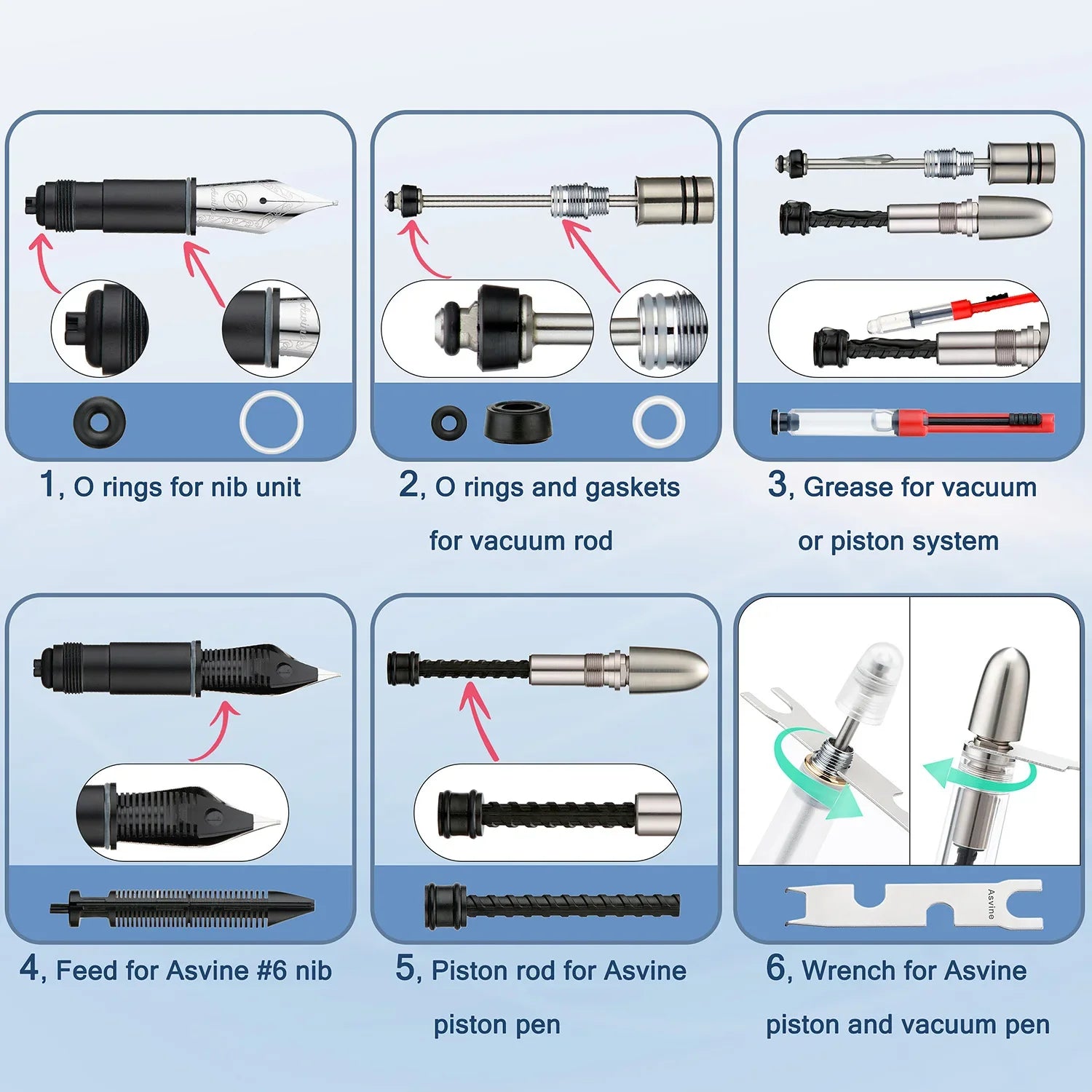 Asvine Vacuum and Piston Fountain Pen O-Rings, Gaskets, Piston Rod, Grease, Feeds, Wrench Accessories Set