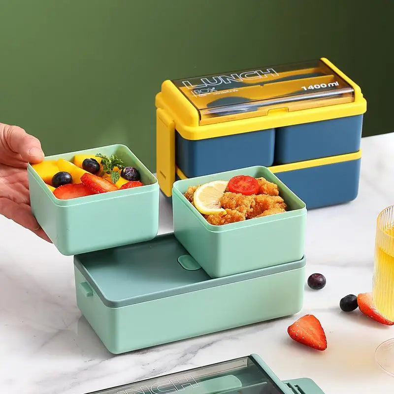 2 Layer Lunch Bento Box Food Container With Cutlery Set Student, Portable Leakproof Microwavable For Office Work School